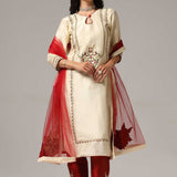 Cream Raw Silk Kurti With Pants And Netted Dupatta