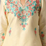 Cream Raw Silk Kurti With Pants And Netted Dupatta Set