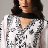 White French Crepe Kurti With Pants With Dupatta