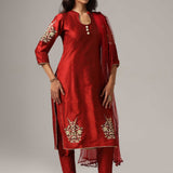 Maroon Raw Silk Kurti With Pants And Net Dupatta