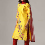 Yellow Raw Silk Kurti With Pants And Dupatta