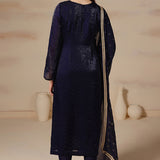 Dark Blue Soft Organza Hand Embroidered Kurti Set