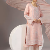 Pastel Pink Silk Organza Thread Work Kurti Set