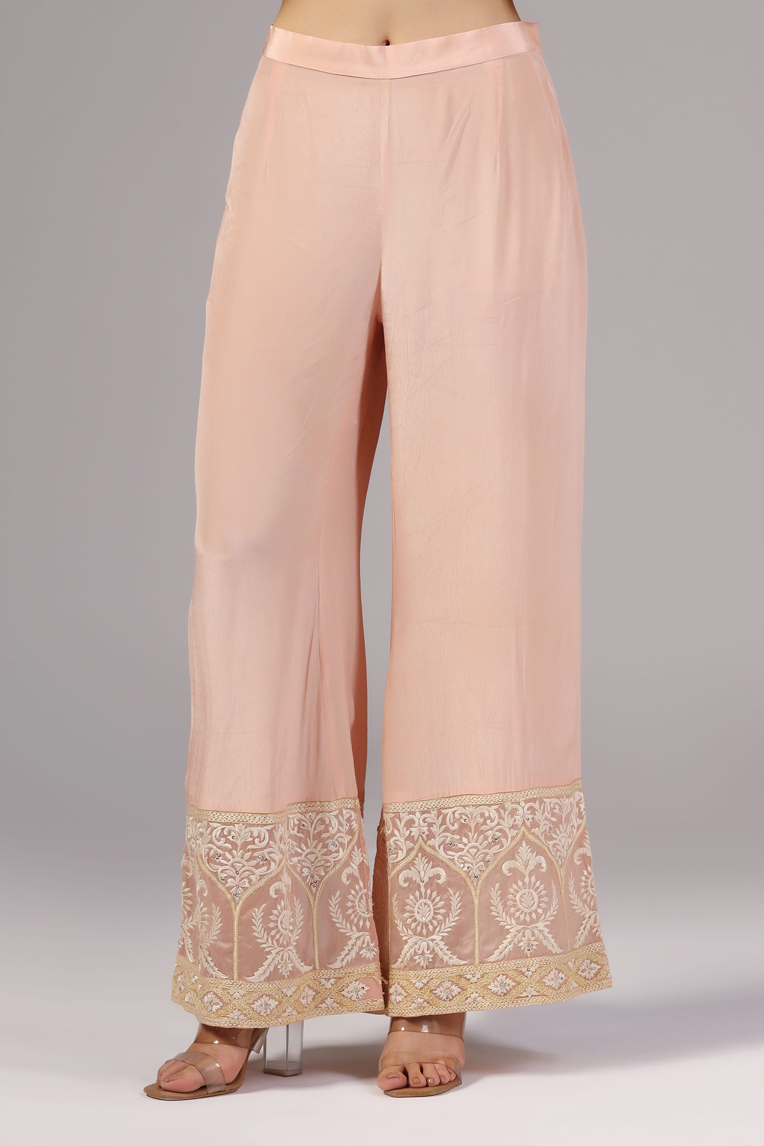 <img> Peach Pink Organza Thread Embroidered Kurti Set 