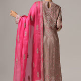 Dull Brown Chanderi Thread Work Kurti Set