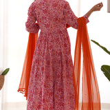 Pink Floral Anarkali Set With Orange Pant And Dupatta