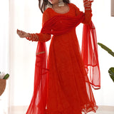 Red Anarkali Set With Matching Pant And Dupatta