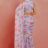 Grey Chiffon Ready-Made Saree With Floral Prints