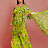 Green Georgette Ready-Made Saree With Floral Prints