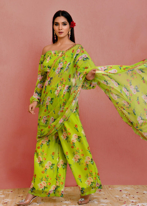<img> Green Georgette Ready-Made Saree With Floral Prints