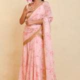 Pastel Pink Georgette Ready-Made Saree With Floral Prints
