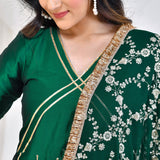 Bottle Green Silk Anarkali Set With Embroidered Dupatta