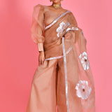 Beige Organza Saree With Floral Paint