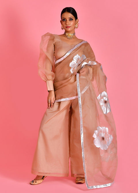 <img> Beige Organza Saree With Floral Paint