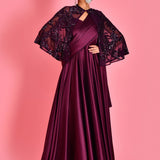 Wine Satin Draped Saree Gown With Embroidery Cape