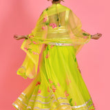 Light Lime Green Cotton Lehenga Set With Organza Dupatta