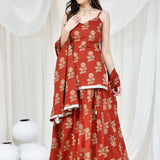Maroon Cotton Kurta And Skirt Set With Floral Prints