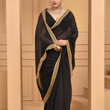 Smooth Black Georgette Saree With Lace Work Border