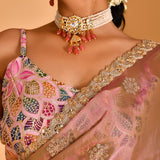Brownish Pink Tissue Organza Saree With Sequins And Lace Blouse