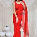 Red Georgette Hand Painted Saree