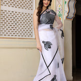 White Hand Painted Organza Saree