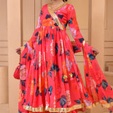 Strawberry Pink Georgette Anarkali Set With Floral Prints
