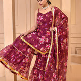 Maroon Chiffon Kurti Set With Floral Prints