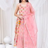 Pale Pink Cotton Anarkali Set With Floral Prints