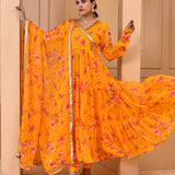 Orange Chiffon Anarkali Set With Printed Floral Design