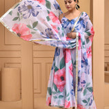 White Georgette Anarkali Set With Digital Print