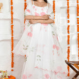 White Organza Anarkali Set With Floral Prints