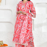 Punch Pink Chanderi Kurta Set With Floral Prints