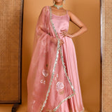 Dusty Rose Anarkali Set With Hand Printed Designs
