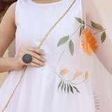 White Taffeta Silk Suit Set With Orange Floral Prints