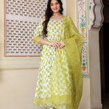 White And Green Cotton Anarkali Set With Handblock Prints
