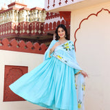 Blue Cotton Anarkali Set With Hand Painted Design