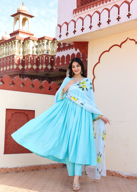 <img> Blue Cotton Anarkali Set With Hand Painted Design
