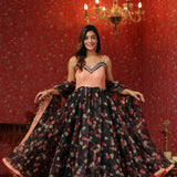 Black Organza Floral Printed Anarkali Set