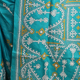 Verdigris Blue Pure Bangalore Silk Saree With Gujarati Craft