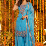 Sky Blue Floral Embroidered Silk Kurta Set