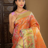 Pinkish Orange Floral Kanjivaram Silk Saree