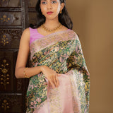 Dark Green Floral Kanjivaram Silk Saree