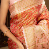 Golden Pink Floral Kanjivaram Silk Saree