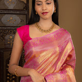 Golden Bright Pink Floral Kanjivaram Silk Saree