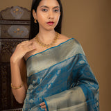 Dark Cyan Blue Floral Kanjivaram Silk Saree