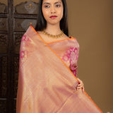 Golden Pink Floral Kanjivaram Silk Saree