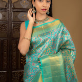 Turquoise Blue Floral Kanjivaram Silk Saree