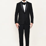 Black Jacquard Three Piece Suit Set With Bow