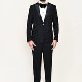 Black Three Piece Jacquard Suit Set With Bow