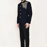 Dark Navy Blue Terry Rayon Prince Coat With Pant
